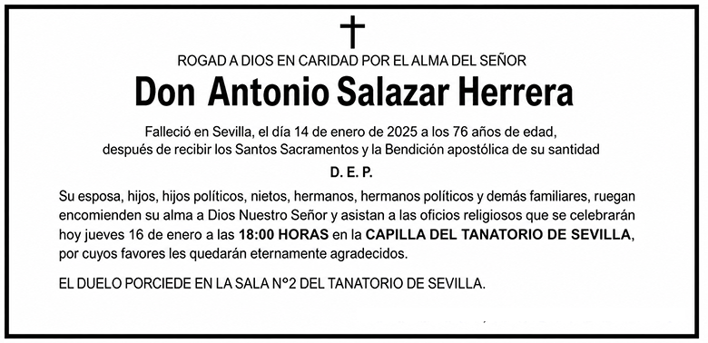 Ejemplo de esquela de fallecimiento para Diario de Cádiz, con oficios religiosos y sala del tanatorio