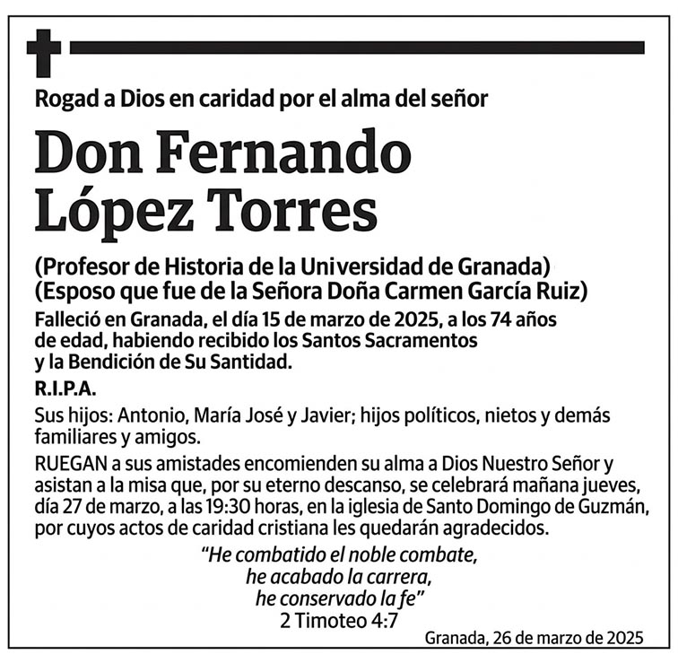 Ejemplo de esquela de fallecimiento para Ideal de Granada, con cruz y filete, cita bíblica y convocatoria a misa