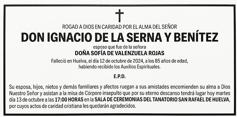 Ejemplo de esquela de fallecimiento para Huelva Información, con misa córpore insepulto en el tanatorio