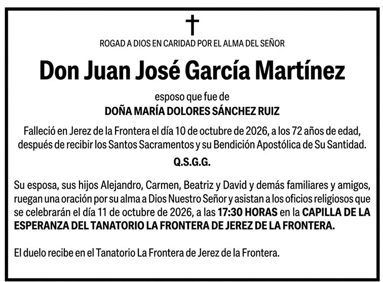 Ejemplo de esquela de fallecimiento para Diario de Jerez, con cruz, familiares y oficios religiosos
